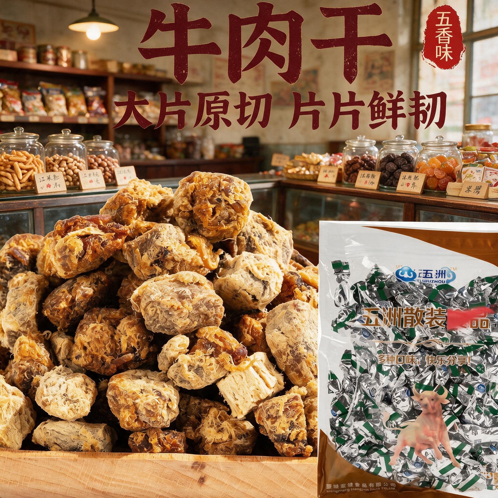 五洲牛肉干儿童高蛋白糖果老少皆宜手撕原切风干纯牛肉粒即零食品