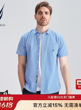 NAUTICA/诺帝卡男装夏季纯棉时尚商务休闲格纹短袖衬衫WO1204