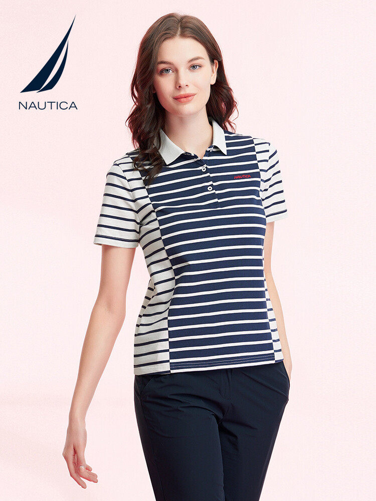 NAUTICA WOMENS SUMMER NEW COTTON SOFT FASHION STRIPE STITCHED POLO SHIRT 42KO04
