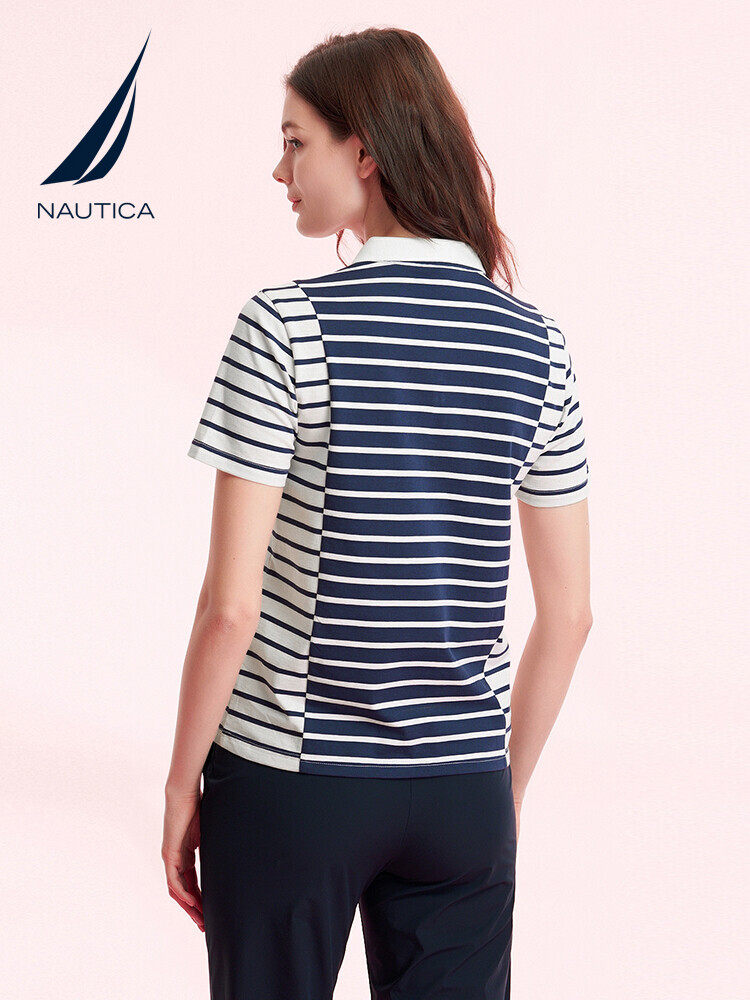 NAUTICA WOMENS SUMMER NEW COTTON SOFT FASHION STRIPE STITCHED POLO SHIRT 42KO04