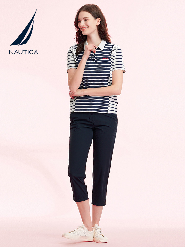 NAUTICA WOMENS SUMMER NEW COTTON SOFT FASHION STRIPE STITCHED POLO SHIRT 42KO04