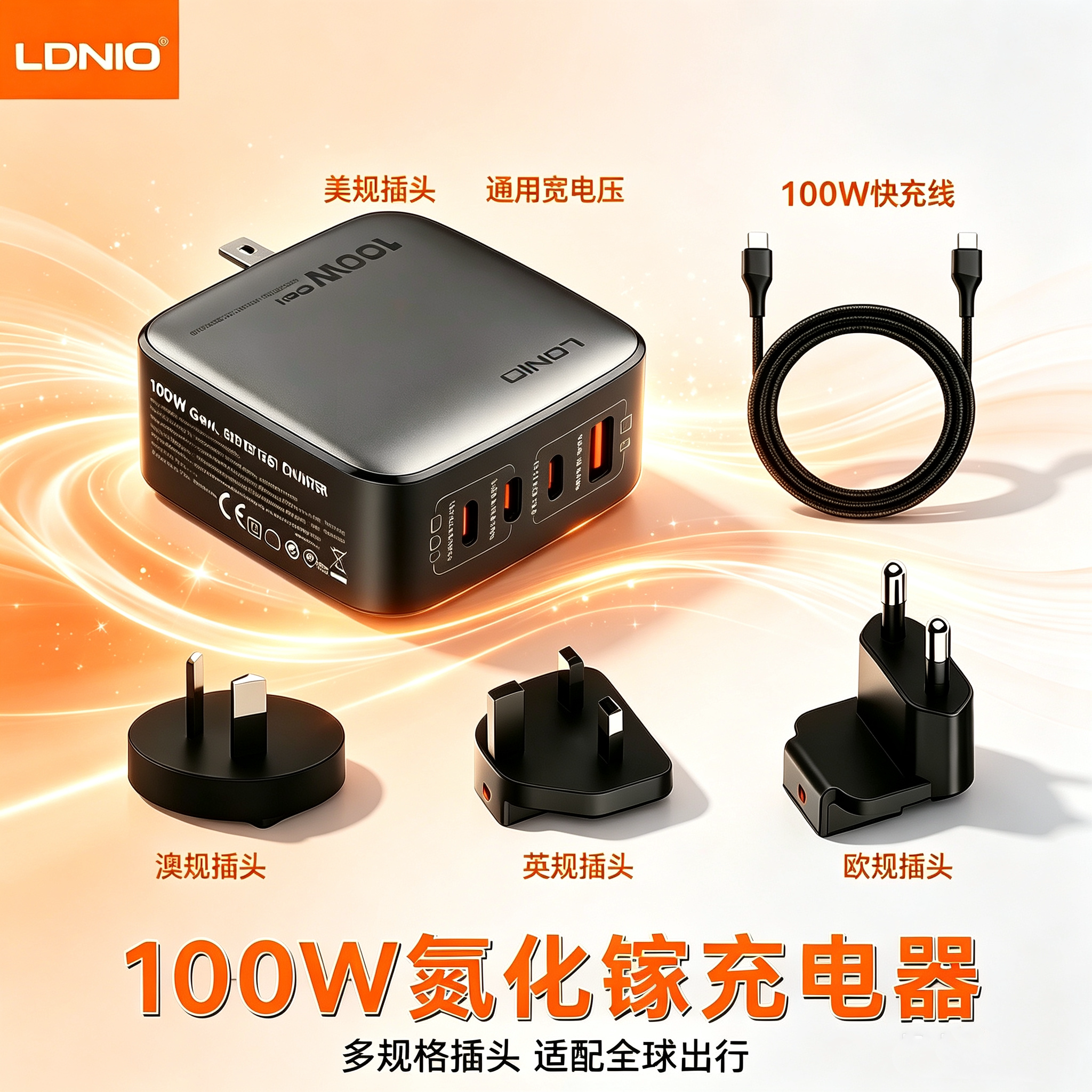 LDNIO/力德诺多国通用带转换头氮化镓充电器100W 4口快充韩国欧标插头GaN手机全球通旅行台湾日本欧洲新加坡