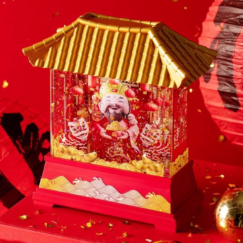 财神音乐盒摆件飘雪八音盒生日礼物送礼春节财神爷玄关摆件小夜灯