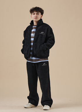 UNSHACKLED潮牌宽松美式羊羔绒套装秋冬加绒保暖摇粒绒外套男杨政