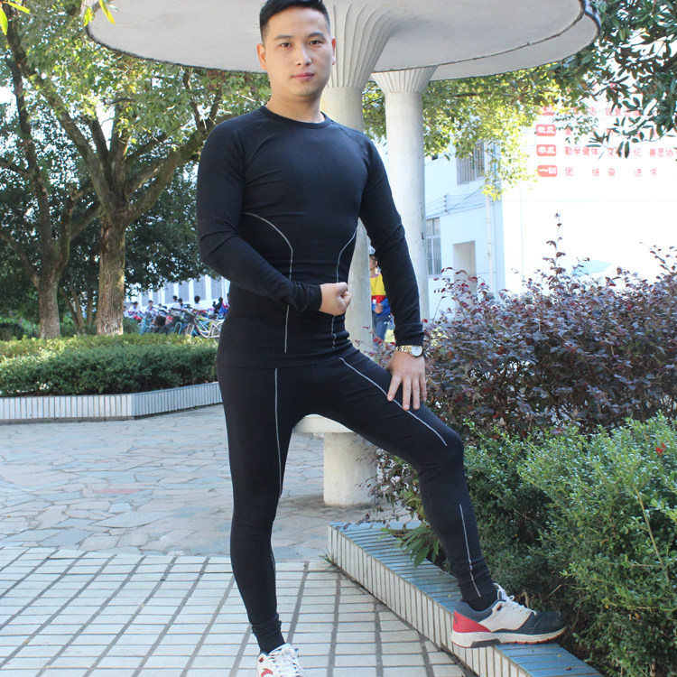 篮球打底衫运动紧身衣弹力长袖套装男 跑步训练服 滑雪黑色长裤女