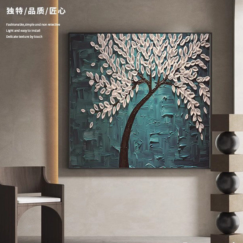 立体油画发财树凹凸质感客厅餐厅背景墙油画墨绿色壁画金钱树油画