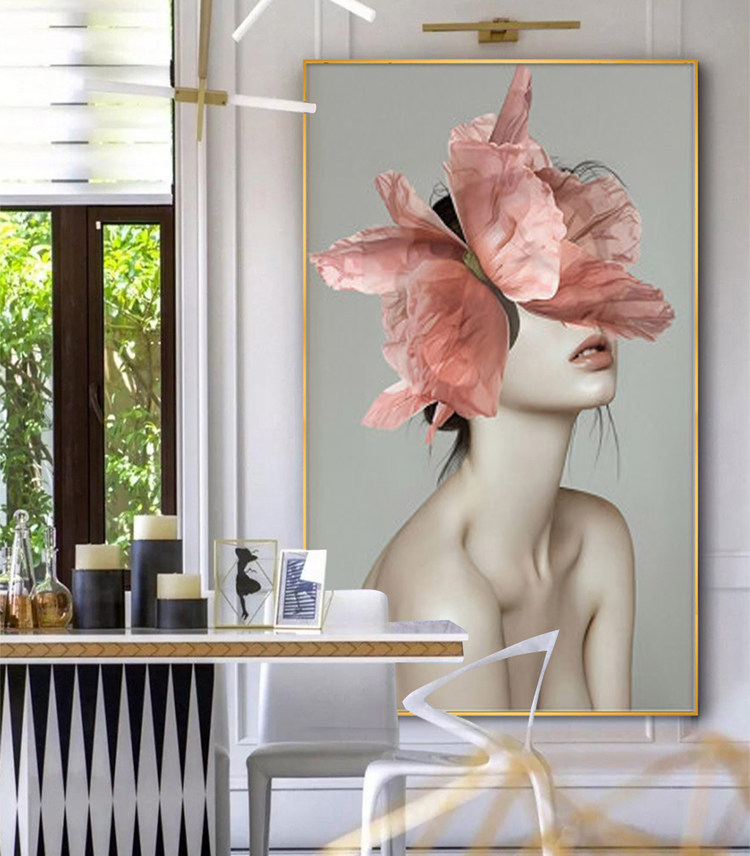 美女人物挂画花朵植物现代艺术画样板间卧室玄关壁画镜面时尚个性