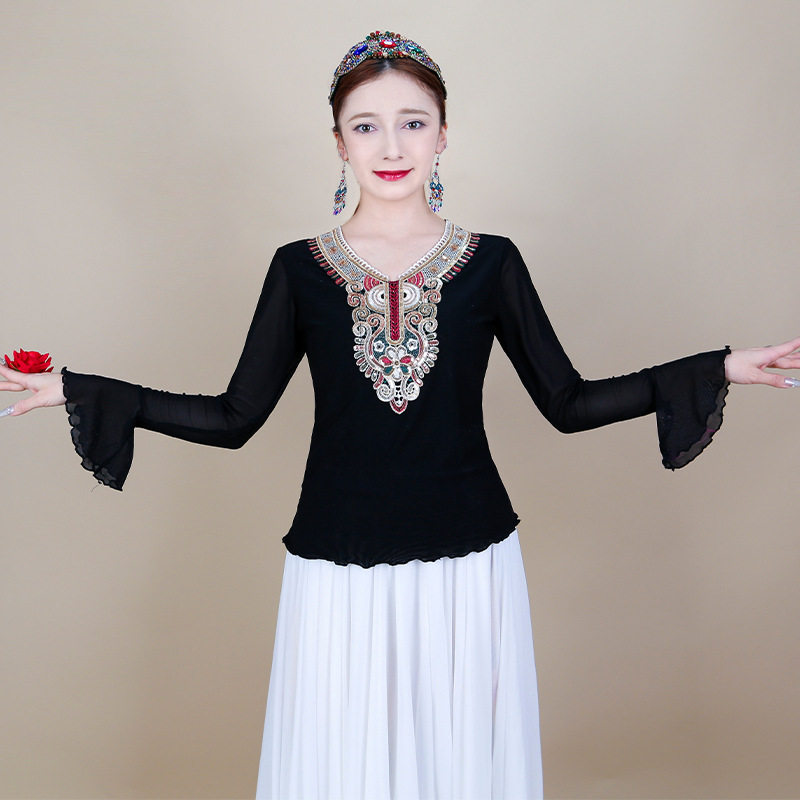 新疆舞蹈上衣新款维吾尔族演出服网纱民族舞练功服维族民族风落款