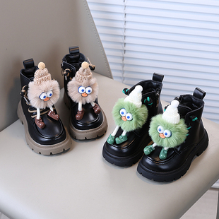 童鞋女韩版女童靴子加绒可爱搞怪卡通公主短靴网红保暖儿童马丁靴