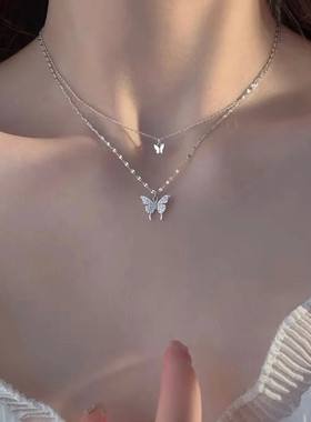 闪钻蝴蝶双层项链女式天然几何型独光身项链网红ins简约锁骨链