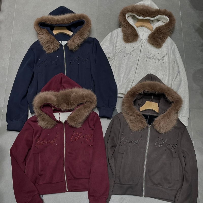 2025秋冬新品加绒加厚连帽毛领外套女韩版小个子刺绣钉珠保暖上衣