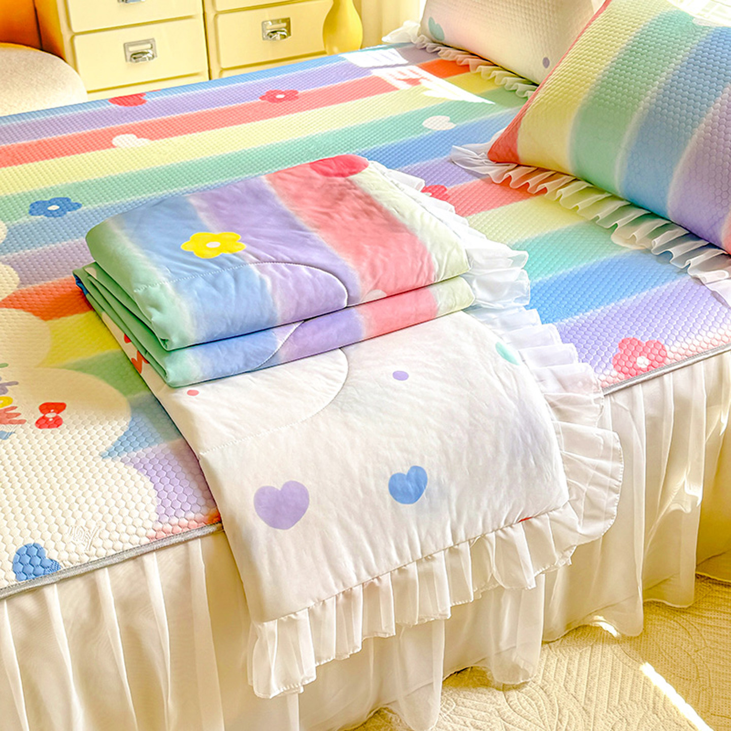 夏季豆豆席夏凉被四件套床裙款小清新卡通冰丝夏被可机洗空调被子,床上用品,化纤被,淘宝优惠券,粉丝福利购,淘宝优惠卷