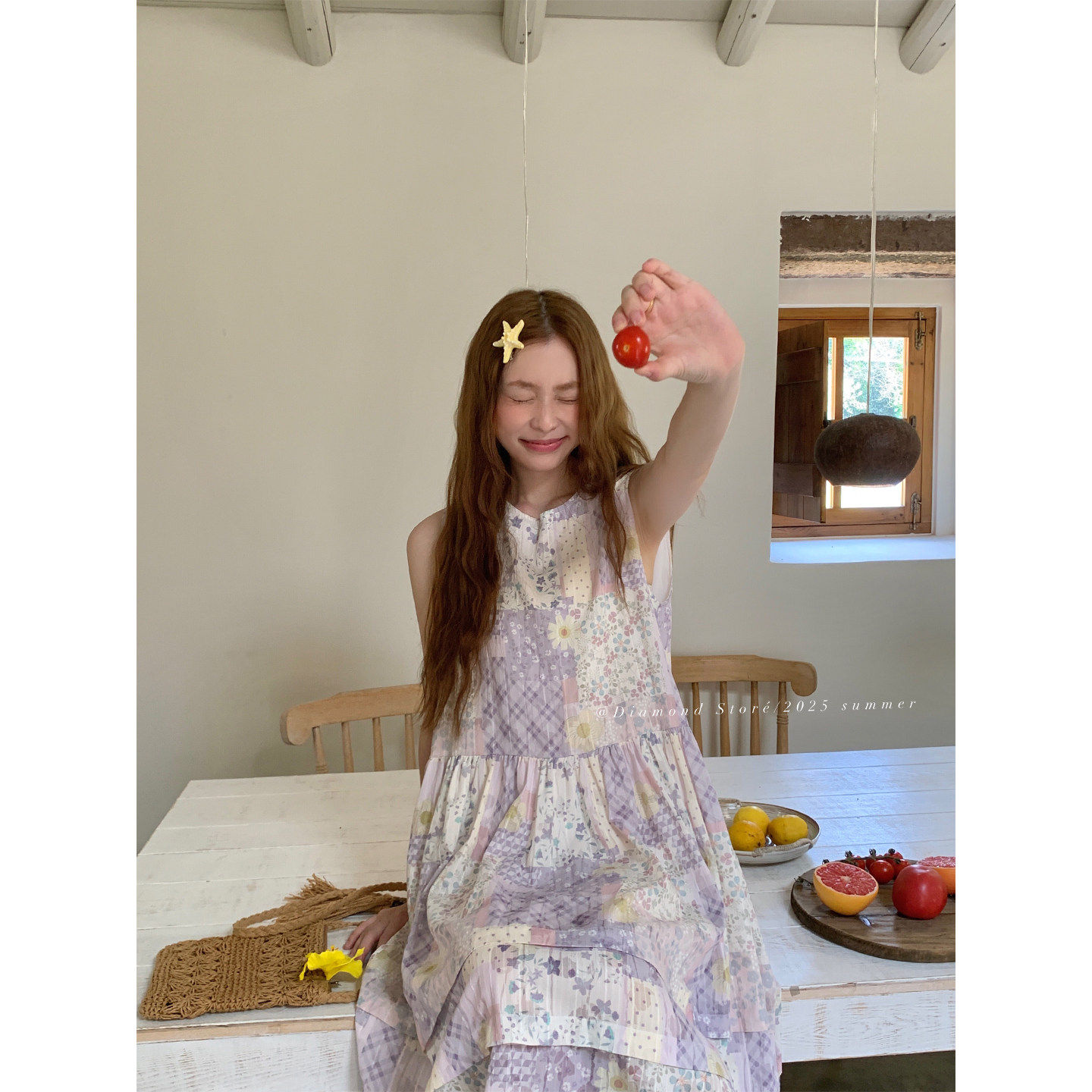 DIAMOND◆和风夏 圆领拼色无袖背心宽松显瘦温柔度假风碎花连衣裙