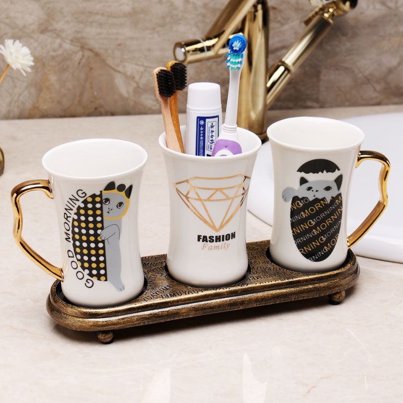 创意陶瓷情侣洗漱杯子套装家用漱口杯刷牙杯卫浴洗漱台牙具收纳杯