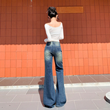 美式微喇牛仔长裤修身显瘦新款女生秋冬拖地舒适口袋猫纹复古水洗，女装休闲裤，奇怪漫猴工厂店