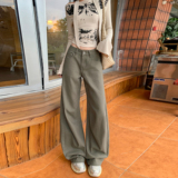 秋冬新款褶皱弯刀牛仔长裤显瘦宽松拖地舒适百搭美式复古垂感，女装休闲裤，奇怪漫猴工厂店