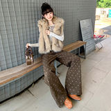 美式复古碎花牛仔加绒秋冬新款长裤阔腿舒适拖地休闲百搭慵懒风，女装休闲裤，奇怪漫猴工厂店