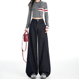 丹宁蓝阔腿牛仔裤2025年秋冬新款高腰显瘦撞色刺绣时尚加绒直筒裤，女装休闲裤，奇怪漫猴工厂店