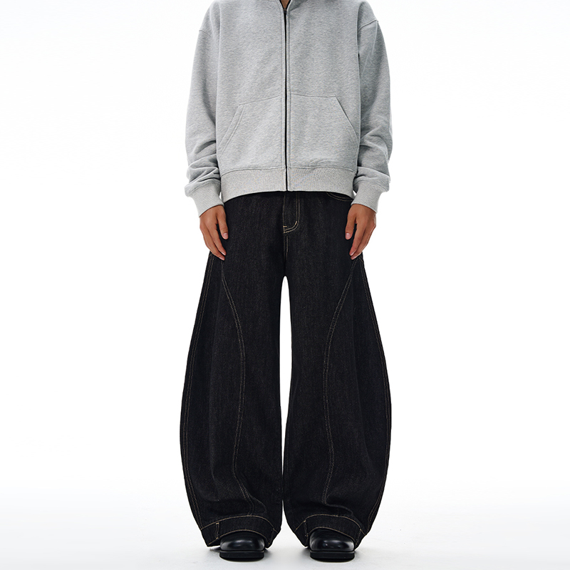 2025丹宁原牛廓形设计感拼接弯刀裤baggy牛仔裤男女街头美式阔腿，男装牛仔裤，奇怪漫猴工厂店