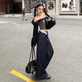 低腰蕾丝花边新款秋冬牛仔长裤美式复古宽松慵懒拖地百搭通勤，女装休闲裤，奇怪漫猴工厂店