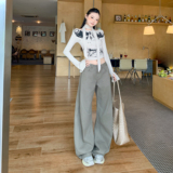 秋冬新款褶皱弯刀牛仔长裤显瘦宽松拖地舒适百搭美式复古垂感，女装休闲裤，奇怪漫猴工厂店