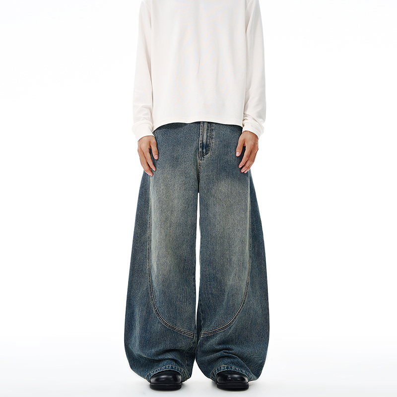 2025秋冬美式巴黎竹节复古蓝拼接水洗个性牛仔裤男女弯刀裤子潮，男装牛仔裤，奇怪漫猴工厂店