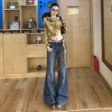 喇叭修身做旧复古美式水洗纹理褶皱新款秋冬舒适拖地长裤牛仔裤，女装休闲裤，奇怪漫猴工厂店