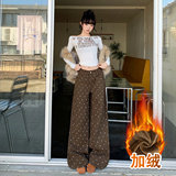 美式复古碎花牛仔加绒秋冬新款长裤阔腿舒适拖地休闲百搭慵懒风，女装休闲裤，奇怪漫猴工厂店