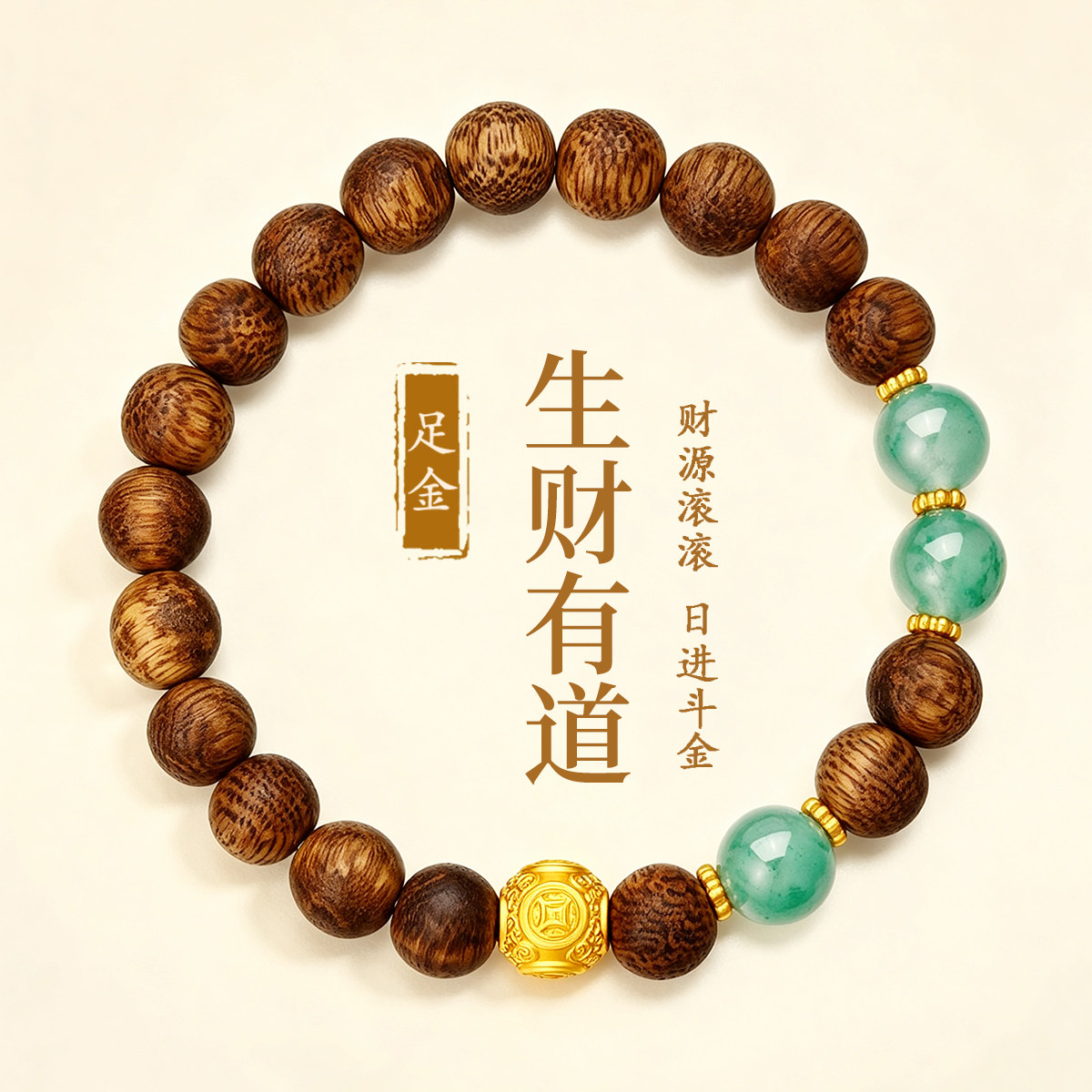 千年珠宝黄金手链女足金999金钱珠紫檀手串黄金转运珠手链新款