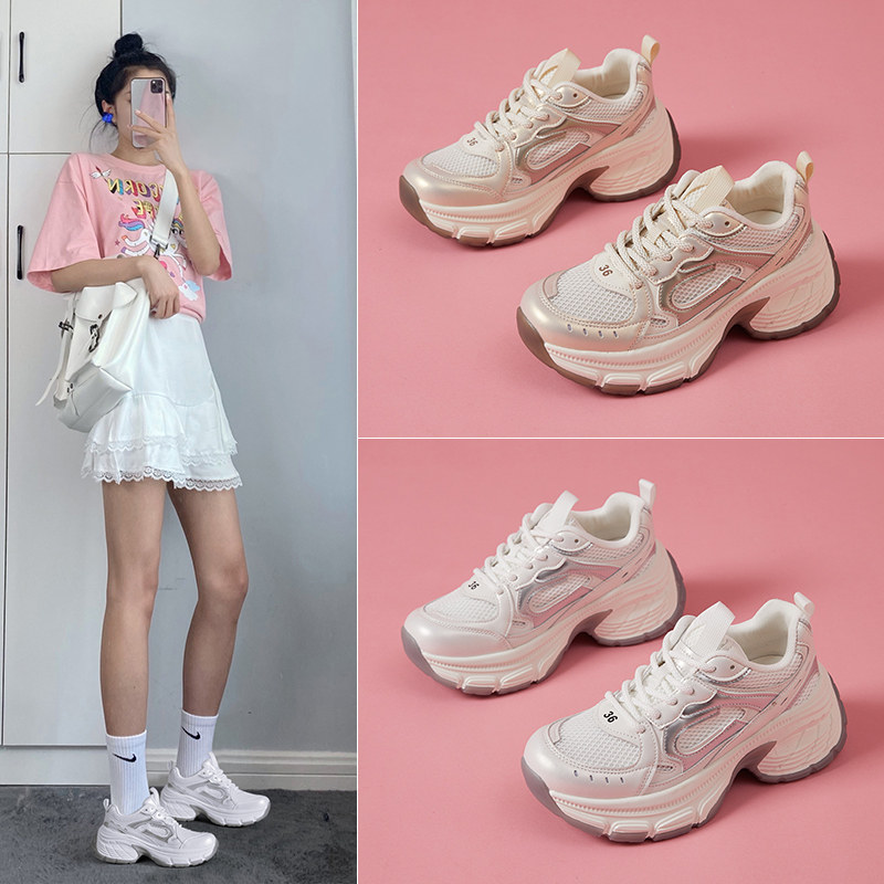 春季网面透气德训鞋女内增高7cm厚底新款拼色百搭防滑好穿运动鞋