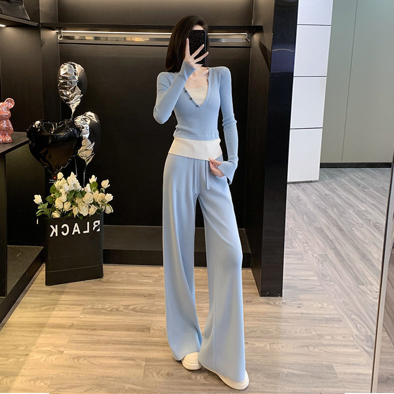 春秋穿搭一整套2026女装假两件针织上衣阔腿裤两件套时尚减龄套装