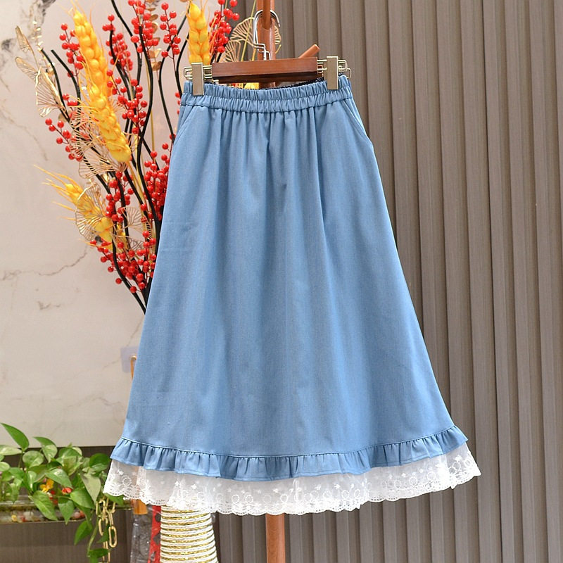 童铺精选 中长款牛仔半身裙女2026新款春夏季小个子白色蕾丝花边