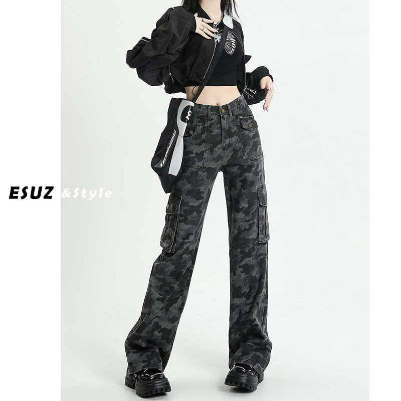 迷彩工装牛仔裤女美式2025新款高腰阔腿宽松显瘦直筒拖地裤子夏季