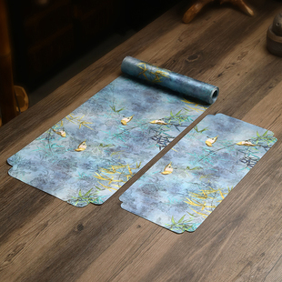 中式禅意竹枝栖雀防水茶席缎面高档家用茶席垫防滑双面桌旗布垫