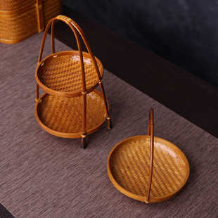手工竹编双层果盘竹制果篮茶点盘糕点干果蝶坚果花生收纳提篮茶道