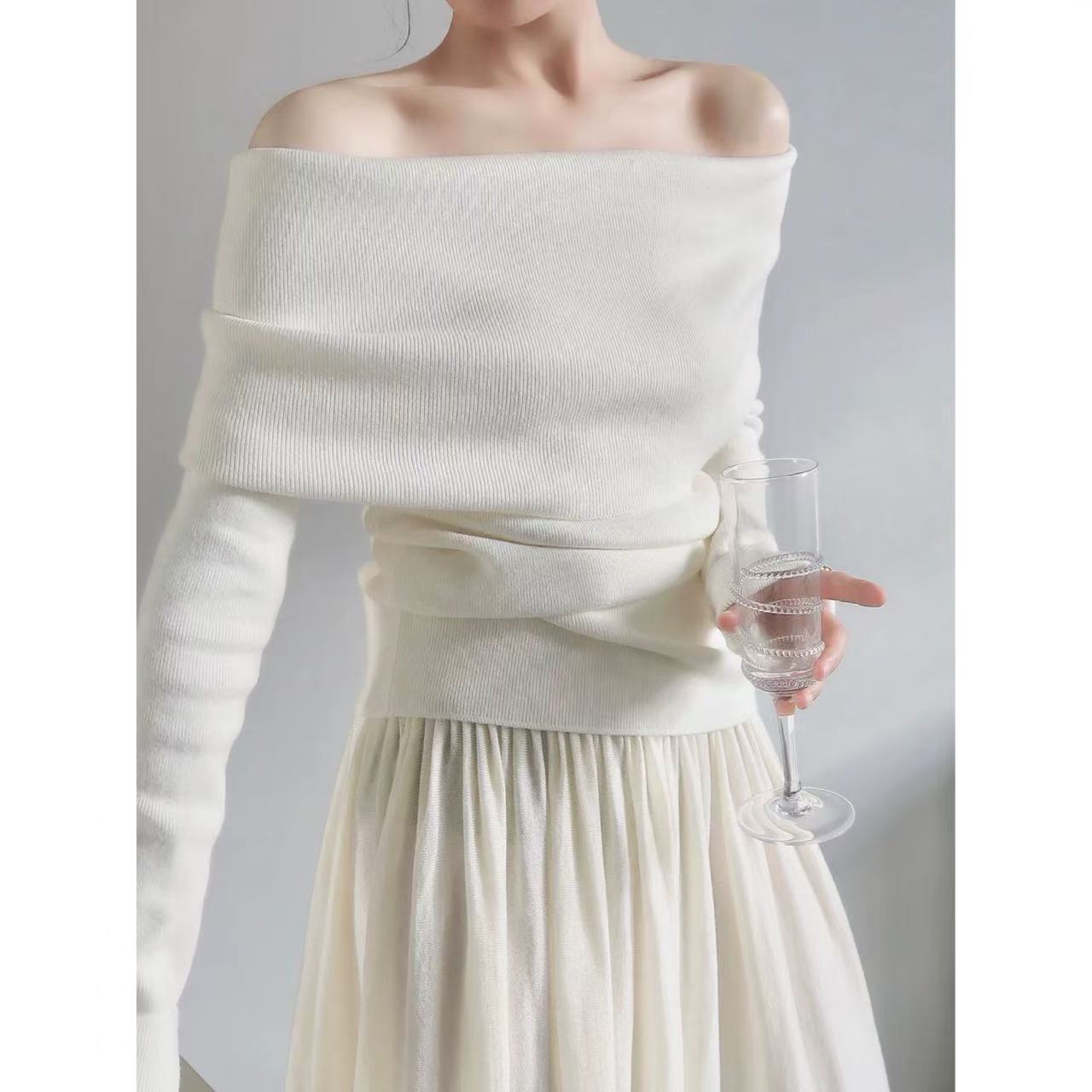 韩系超好看的纯欲一字肩设计针织衫打底上衣女秋冬高级感内搭毛衣