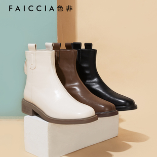 色非方头粗跟短筒靴子女款2023秋冬季新款简约百搭女鞋骑士靴短靴