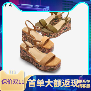 色非真皮坡跟凉鞋女2025年夏季新款复古高级小个子增高一字带凉鞋