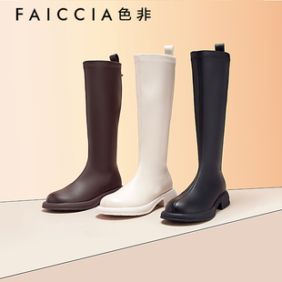 色非长筒瘦瘦靴女2023秋冬新款厚底增高百搭修身后拉链长靴骑士靴
