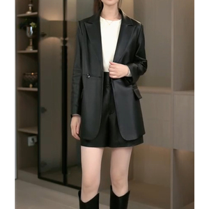 2535羊皮女士皮衣春秋新款时尚宽松显瘦长款翻领西装风衣外套