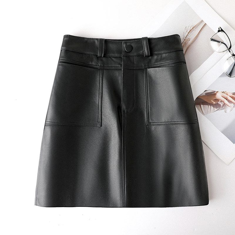 2265羊皮皮裙女士秋冬新款高腰显瘦百搭小A字半身裙