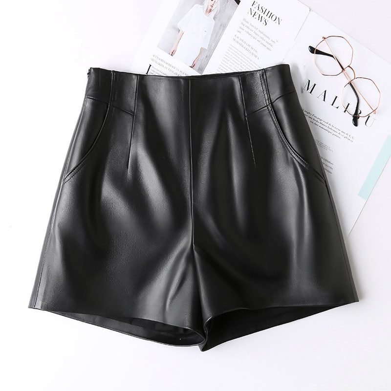 2112草市街真皮短裤女绵羊皮秋冬a字宽松高腰显瘦黑色休闲阔腿裤