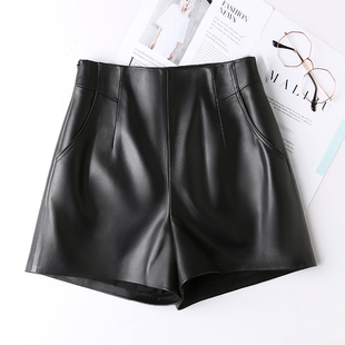 2112草市街真皮短裤女绵羊皮秋冬a字宽松高腰显瘦黑色休闲阔腿裤