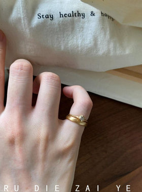 如蝶在野 vintage中古金色拉丝素圈戒指高级感叠戴冷淡风开口尾戒