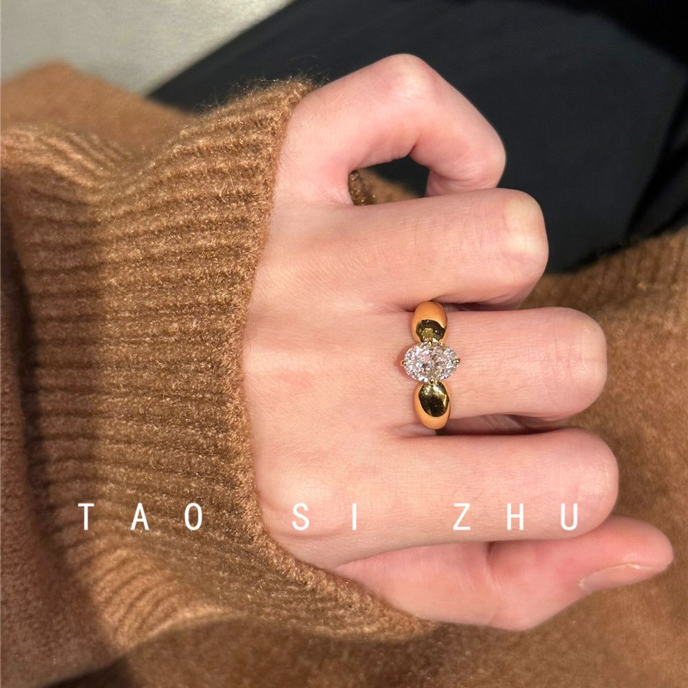 中古Vintage白钻戒指轻奢高级感小众锆石金色戒指开口戒