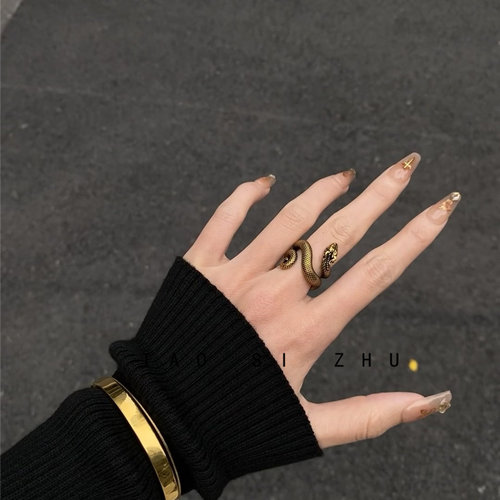 如蝶在野 暗黑冷淡金色灵蛇小众设计蛇形戒指朋克可调节潮酷个性