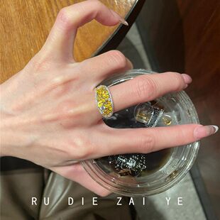 如蝶在野 橘子气泡中古vintage戒指招财黄钻轻奢高级感显白开口戒