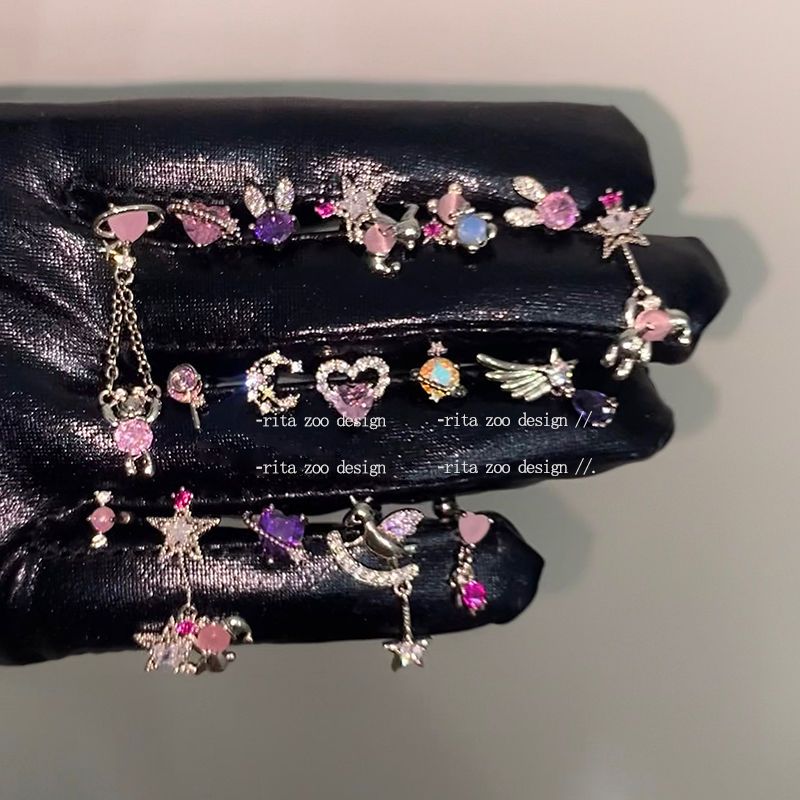 软萌甜妹粉色爱心小熊耳骨钉 可爱少女紫色水滴翅膀叠带耳钉耳环