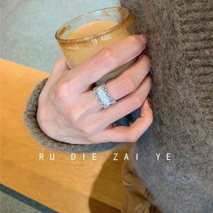 如蝶在野 月落银辉~中古vintage银色拉丝戒指轻奢蕾丝边开口戒指