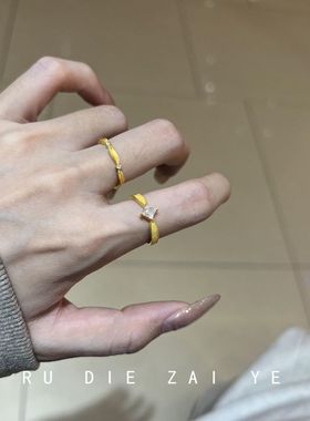如蝶在野 金菱阙~金色方糖锆石柳叶枝戒指极简高级感两件套开口戒
